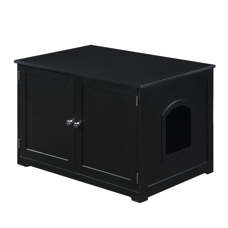 Merry Products black wooden pet crate with dual doors and arch.