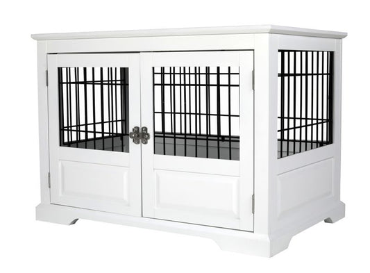 Merry Products white wooden pet crate with barred doors and lock.