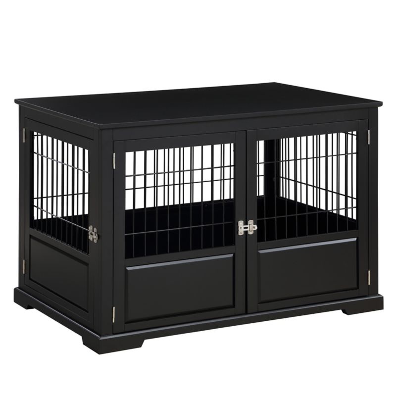 Merry Products double-door wooden dog crate with black finish.