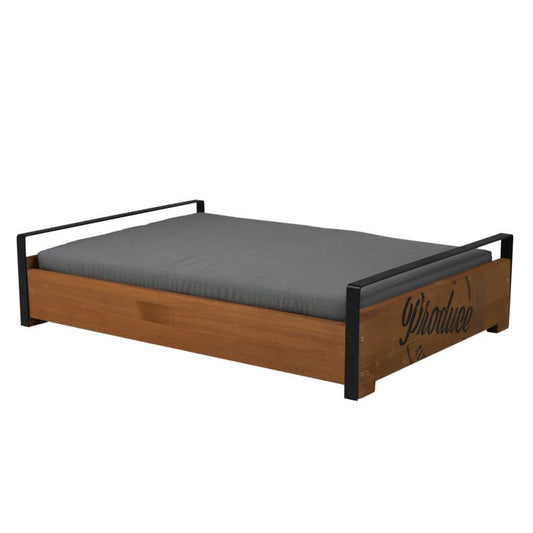 Merry Products wooden pet bed with cushion and black frame.