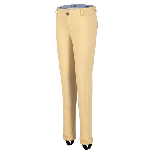 Alt: Tuffrider brand tan equestrian breeches on white background.