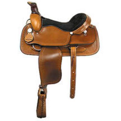 American Saddlery brown western saddle with black seat, side view.