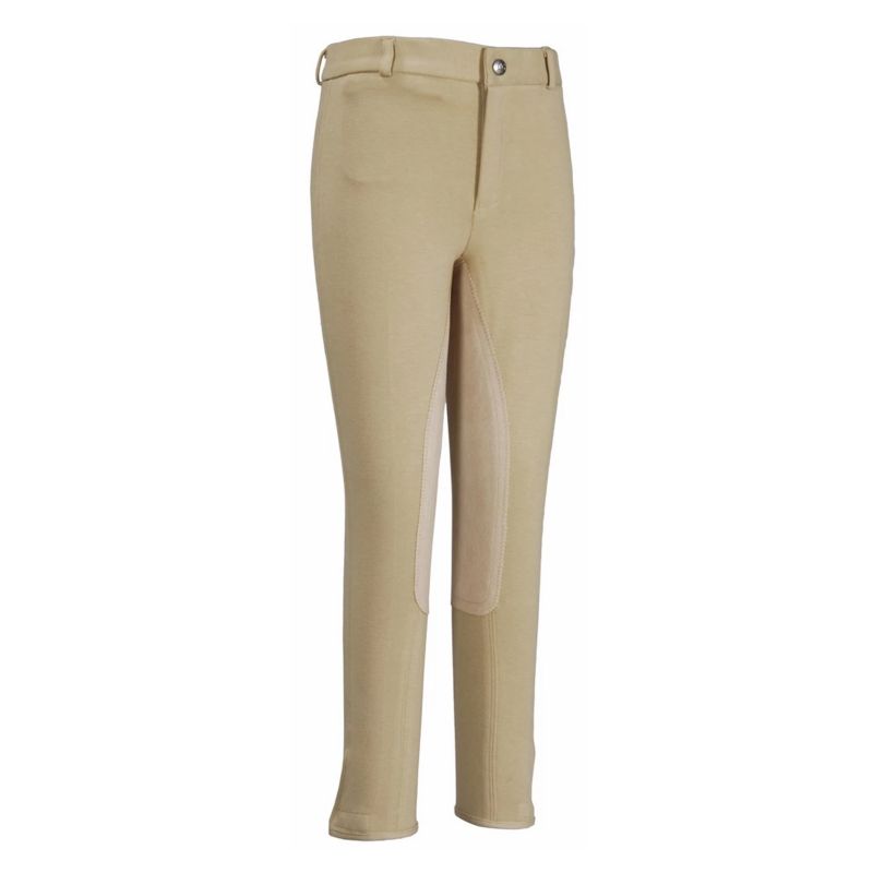 Tuffrider brand beige equestrian riding breeches for adults, front view.
