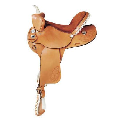 American Saddlery brown western saddle with ornamental silver accents.