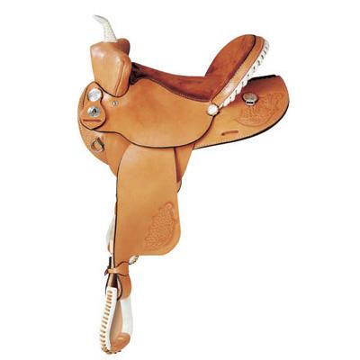 American Saddlery western saddle in tan color with white stitching.