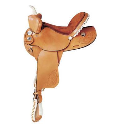 American Saddlery brown western saddle with white stitching detail.
