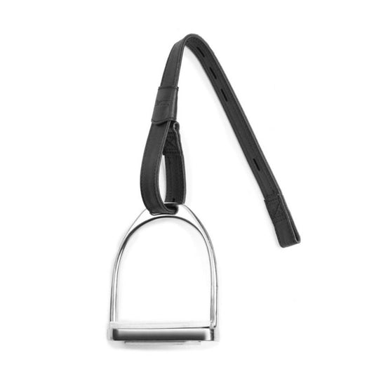 Black stirrup leather and metal stirrup on white background.