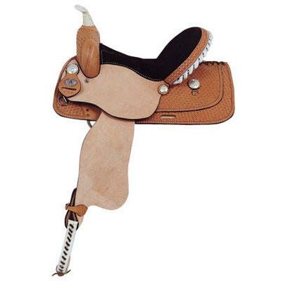 American Saddlery brown western saddle with black seat on white background.