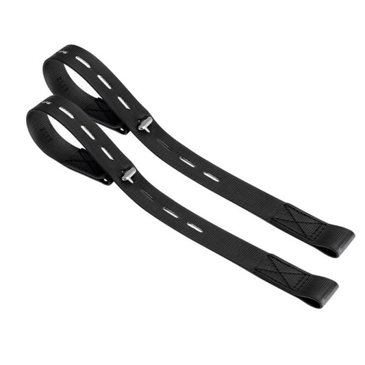 Black synthetic stirrup leathers with multiple adjustment holes.