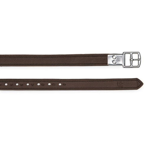 Brown stirrup leathers with silver buckles on white background.