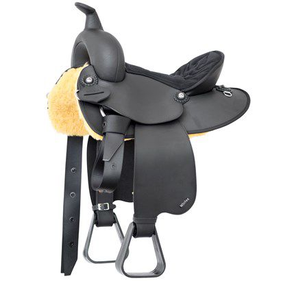 Black western saddle with stirrups and fleece padding underneath.