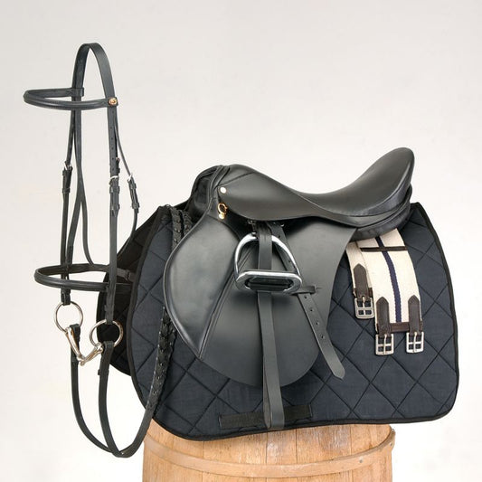 "Black all-purpose saddle and bridle on display."