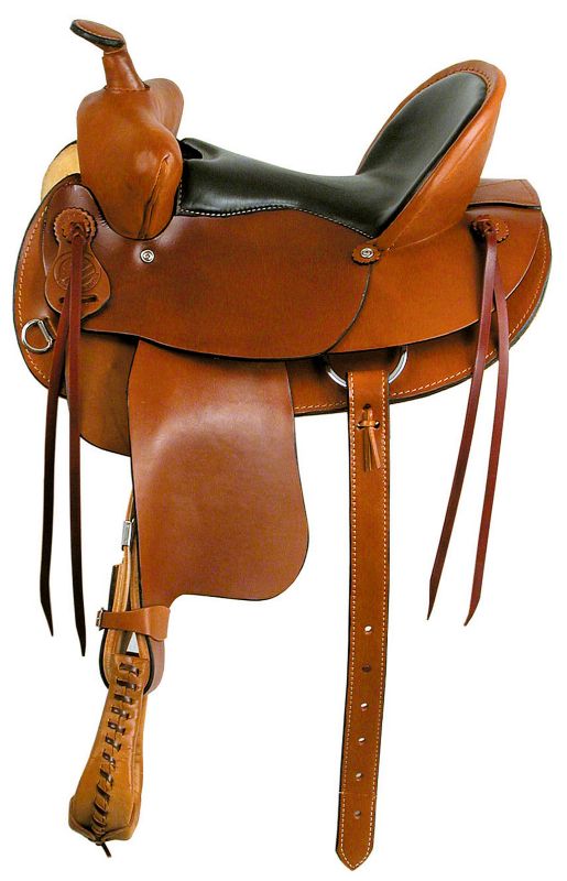 American Saddlery brown Western saddle with black seat isolated on white.