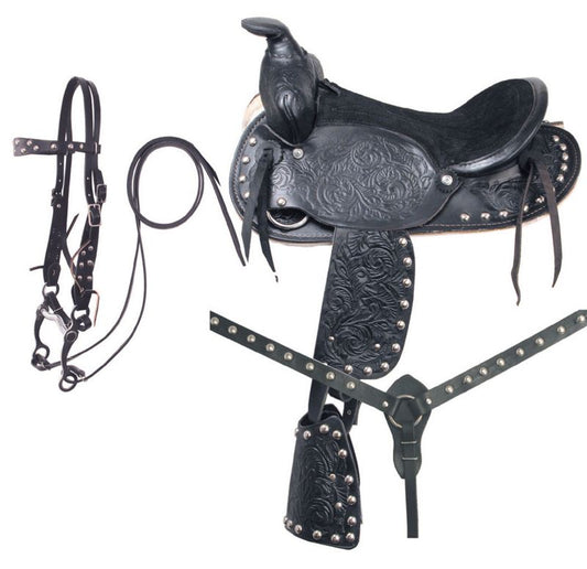 A black western saddle with ornate patterns and accessories.