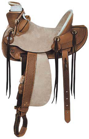 American Saddlery brown Western saddle with tan seat.