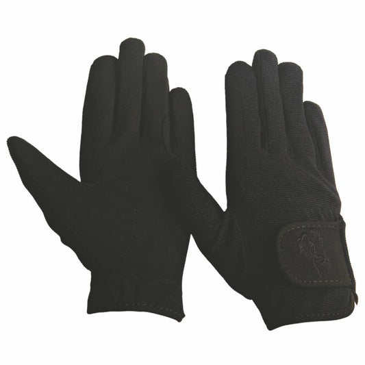 Pair of black Tuffrider equestrian gloves with textured grip surface.