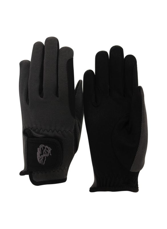 Tuffrider brand black equestrian gloves with horse logo on wrist.